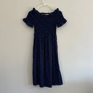 Vine & Love Navy Blue Polka Dot Smocked Midi Dress